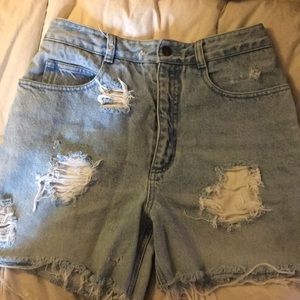 Distressed high rise mom cut offs